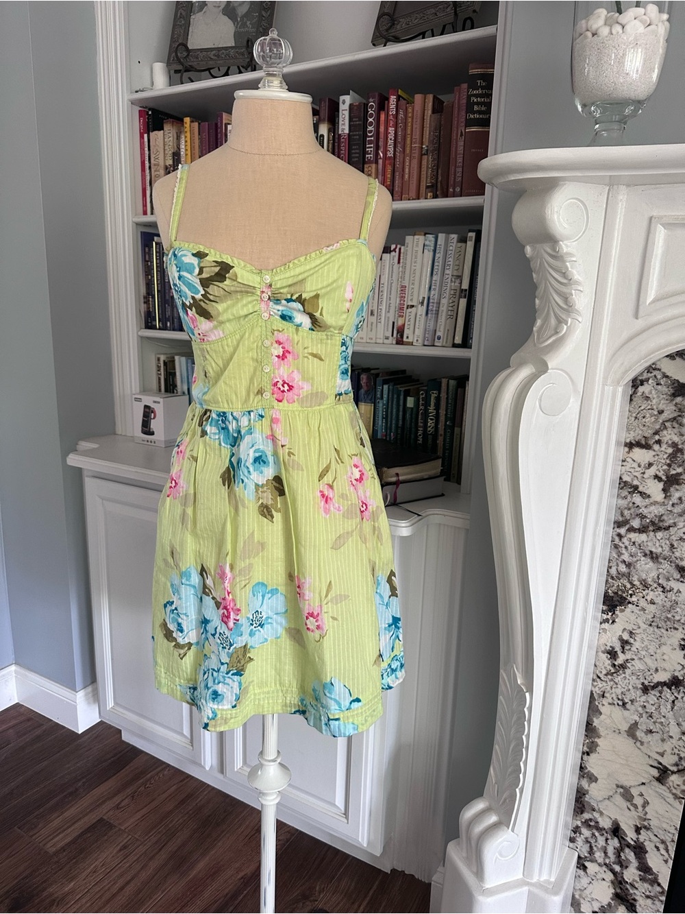 VIntage Abercrombie & Fitch Lime Green Floral Sundress with Blue and Pink Blooms
